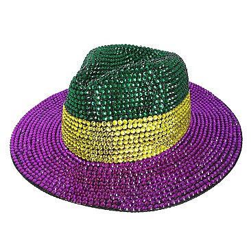 MARDI GRAS TRI COLOR Stylish Rhinestone Fedora Hat