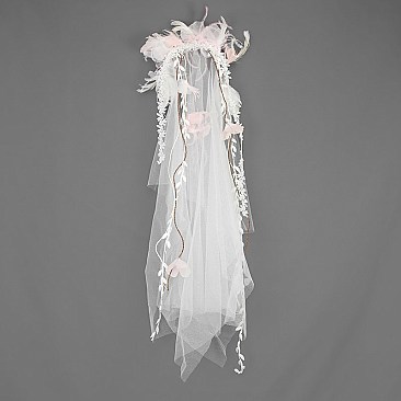 FASHIONABLE BRIDAL HAIR VEIL W/ FLORALS & FEATHER JEWELS