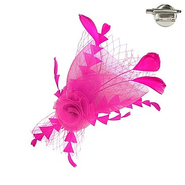 Classy Fascinator with Mesh Flower With Netting And Spikey Feather Pin Brooch And Hair Clip SLHTH...