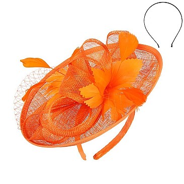 Classy Orange Popular Church Fascinator With Flower Center & Feathers SLHTH1308