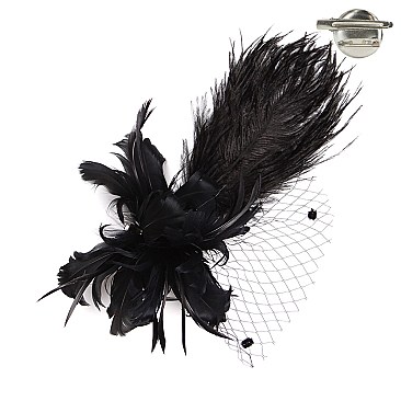 Trendy Feather Flower With Dotted Netting And Large Feather Plume Hair Clip Fascinator