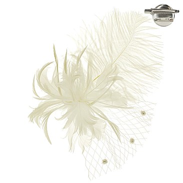 Trendy Feather Flower With Dotted Netting And Large Feather Plume Hair Clip Fascinator