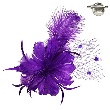Trendy Feather Flower With Dotted Netting And Large Feather Plume Hair Clip Fascinator