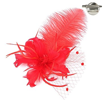 Trendy Feather Flower With Dotted Netting And Large Feather Plume Hair Clip Fascinator