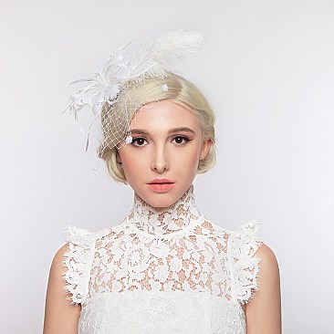 Trendy Feather Flower With Dotted Netting And Large Feather Plume Hair Clip Fascinator