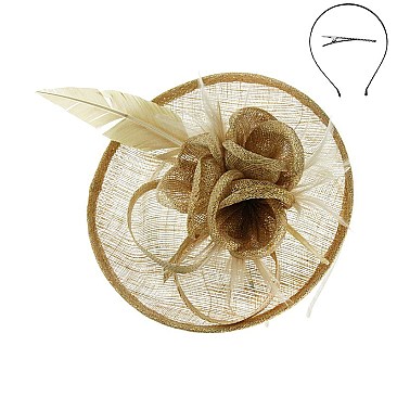 Fashionable Gold Elegant Dressy Fascinator With Floral Center & Feathers SLHTH2089
