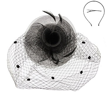 Trendy Feather Flower W/dotted Veil Headband/pin SLHTH2118