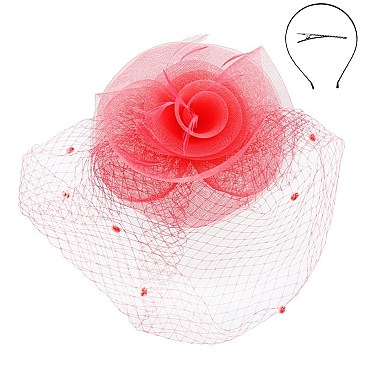Trendy Feather Flower W/dotted Veil Headband/pin SLHTH2118