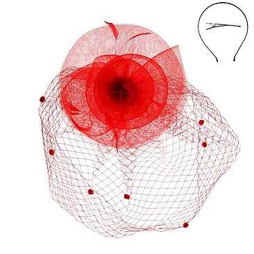 Trendy Feather Flower W/dotted Veil Headband/pin SLHTH2118