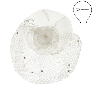 Trendy Feather Flower W/dotted Veil Headband/pin SLHTH2118