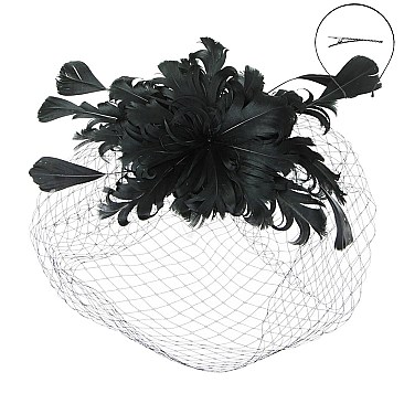 Classy Fascinator with Feather Plumes Birdcage Veil