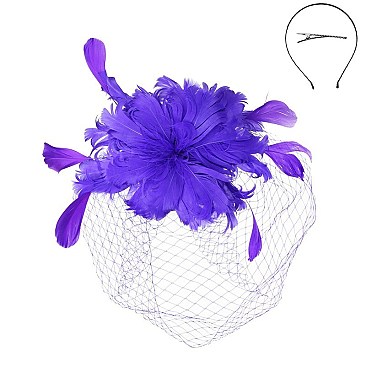 Classy Fascinator with Feather Plumes Birdcage Veil