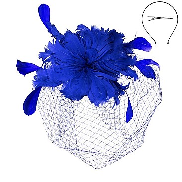 Classy Fascinator with Feather Plumes Birdcage Veil