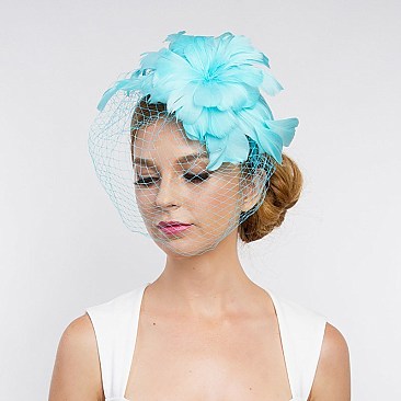 Classy Fascinator with Feather Plumes Birdcage Veil
