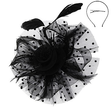 Fashionable Dotted Ruffle Mesh Floral Feather Fascinator