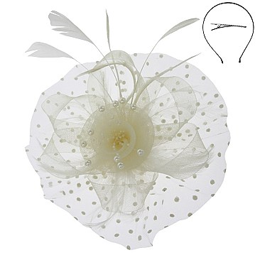 Fashionable Dotted Ruffle Mesh Floral Feather Fascinator