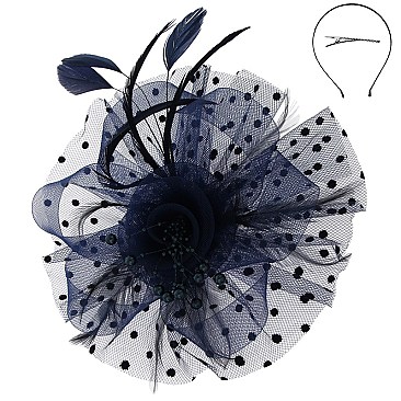 Fashionable Dotted Ruffle Mesh Floral Feather Fascinator