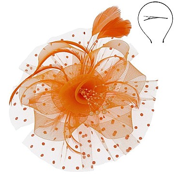 Fashionable Dotted Ruffle Mesh Floral Feather Fascinator