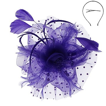 Fashionable Dotted Ruffle Mesh Floral Feather Fascinator
