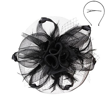 Classy Fascinator with Mesh 3 Flower Feather SLHTH2260