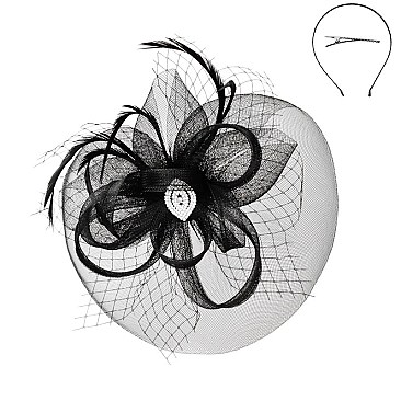 Classy Fascinator With Gem Mesh Floral Feather