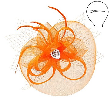 Classy Fascinator With Gem Mesh Floral Feather
