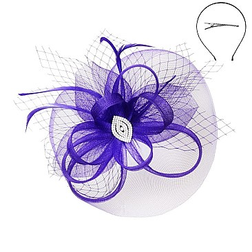 Classy Fascinator With Gem Mesh Floral Feather