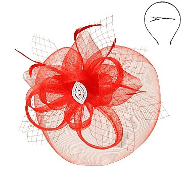 Classy Fascinator With Gem Mesh Floral Feather