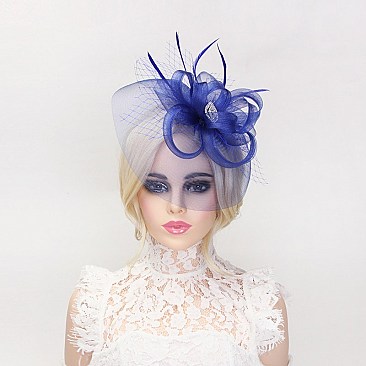Classy Fascinator With Gem Mesh Floral Feather