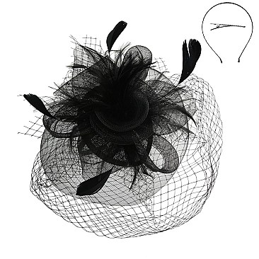 FEATHER ROSE DOUBLE VEIL LIFTED FASCINATOR SINAMAY TOP