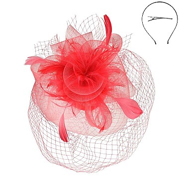 FEATHER ROSE DOUBLE VEIL LIFTED FASCINATOR SINAMAY TOP