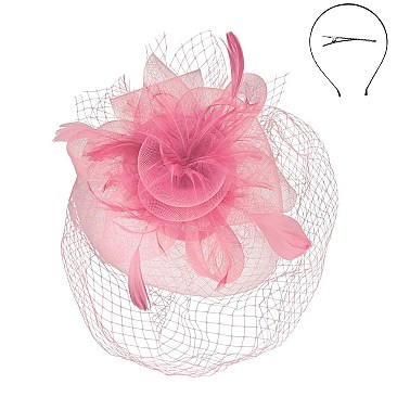 FEATHER ROSE DOUBLE VEIL LIFTED FASCINATOR SINAMAY TOP