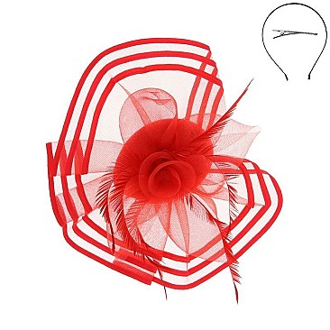 SATIN TRIMMED MESH ROSE ACCENT FASCINATOR