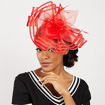 SATIN TRIMMED MESH ROSE ACCENT FASCINATOR