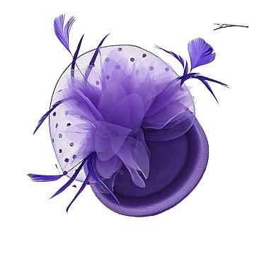 LACE FLOWER AND FEATHERS ON DOTTED MESH MINI HAT