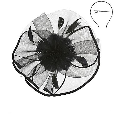 FEATHER POM ON SATIN TRIM MESH