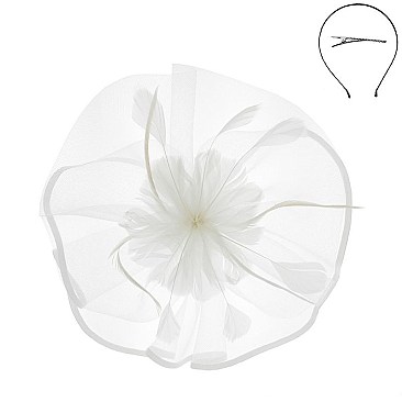 FEATHER POM ON SATIN TRIM MESH