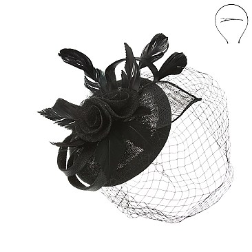 TRENDY SINAMAY FASCINATOR WITH ROSE AND MESH VEIL