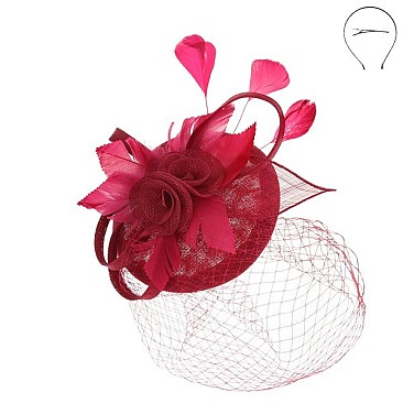 TRENDY SINAMAY FASCINATOR WITH ROSE AND MESH VEIL