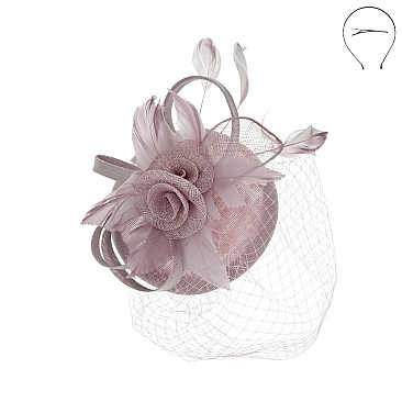 TRENDY SINAMAY FASCINATOR WITH ROSE AND MESH VEIL