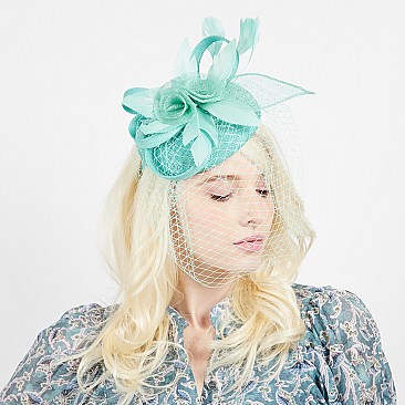 TRENDY SINAMAY FASCINATOR WITH ROSE AND MESH VEIL