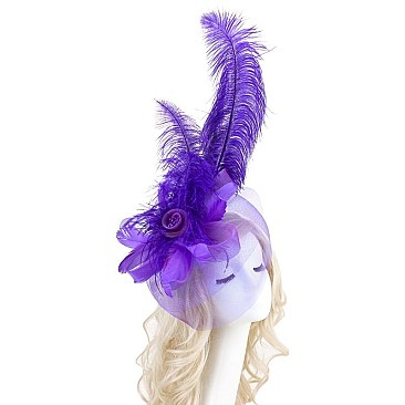 PEACOCK FEATHER AND FLOWER VEIL FASCINATOR