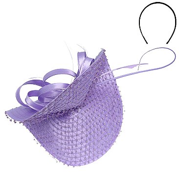 DERBY DAY CURVED SATIN CRYSTAL NET COVERED FEATHER FASCINATOR