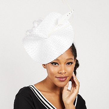 DERBY DAY CURVED SATIN CRYSTAL NET COVERED FEATHER FASCINATOR