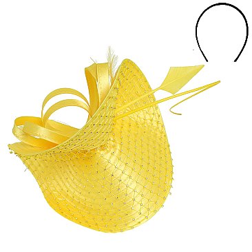 DERBY DAY CURVED SATIN CRYSTAL NET COVERED FEATHER FASCINATOR