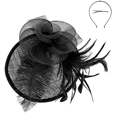 Ladies Sinamay Tilted Fascinator With Flower and Long Feathers