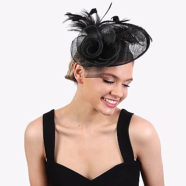 Ladies Sinamay Tilted Fascinator With Flower and Long Feathers