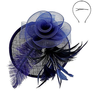 Ladies Sinamay Tilted Fascinator With Flower and Long Feathers