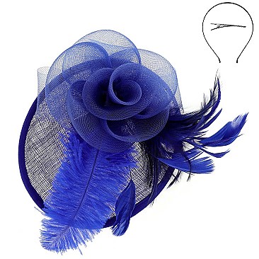 Ladies Sinamay Tilted Fascinator With Flower and Long Feathers