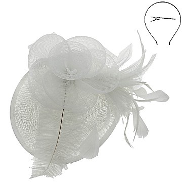 Ladies Sinamay Tilted Fascinator With Flower and Long Feathers